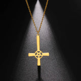 Steampunk Silver Gear Cross Pendant Necklace featuring an industrial design with intricate metal gears and a symmetrical cross.