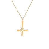 Steampunk Silver Gear Cross Pendant Necklace with Industrial Christian design, featuring intricate metal gears and a chain, shown in a gold color variant with a 45cm length.