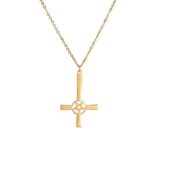 Steampunk Silver Gear Cross Pendant Necklace with Industrial Christian design, featuring intricate metal gears and a chain, shown in a gold color variant with a 45cm length.