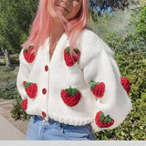 Women's trendy V-neck strawberry knit cardigan with a textured pattern resembling strawberries, featuring long sleeves and a cozy fit.
