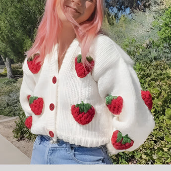 Women's trendy V-neck strawberry knit cardigan with a textured pattern resembling strawberries, featuring long sleeves and a cozy fit.