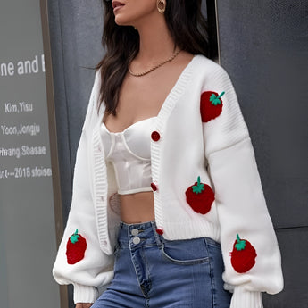 Women's Strawberry Knit Cardigan with a trendy V-neck design, featuring long sleeves and a cozy fit, displayed on a white background.