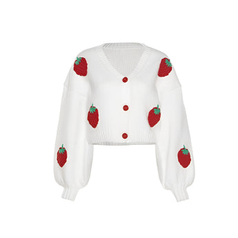 Women's trendy V-neck strawberry knit cardigan sweater with long sleeves, featuring a carmine color and pattern, showcased on a model.
