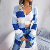 Black and white striped long sleeve women's cardigan featuring a knee-length design with a collar, suitable for fall fashion.