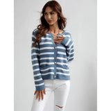 Blue and white striped knit cardigan sweater with button-up front, featuring a casual chic fashion design. The cardigan has long sleeves, a comfortable jersey texture, and is styled with a collar and waist-length fit. Suitable for various casual occasions, offered in an XL size.