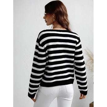 Striped blue and white knit cardigan with button-up front, featuring long sleeves and a casual chic style. The sweater has a collar and appears lightweight, suitable for a relaxed yet stylish look.