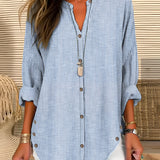 Striped blue and white women's V-neck blouse with long sleeves, designed for beachwear in a size 3XL.