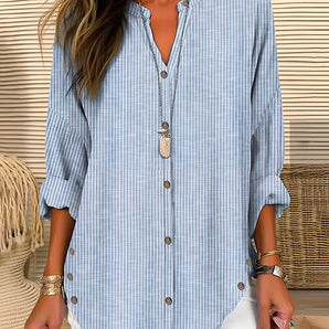 Striped blue and white women's V-neck blouse with long sleeves, designed for beachwear in a size 3XL.