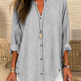 Striped blue and white long sleeve women's V-neck blouse in a gray 3XL size, featuring a beachwear style with a fashionable and casual appearance.
