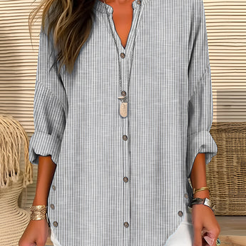 Striped blue and white long sleeve women's V-neck blouse in a gray 3XL size, featuring a beachwear style with a fashionable and casual appearance.