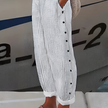 Gray striped button-up lounge pants in size 3XL, featuring a chic and lightweight design perfect for summer pajamas.