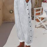 Lightweight striped button-up lounge pants in beige and white, displayed on a mannequin seated on a chair, showcasing a comfortable fit around the waist and knees, ideal for chic summer pajamas.