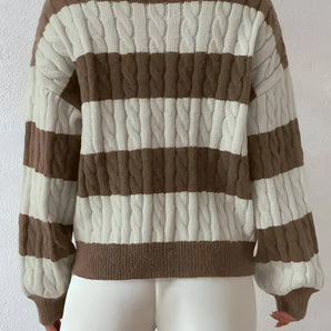 Brown beige striped cable knit women's sweater with puff sleeves and a crewneck design.
