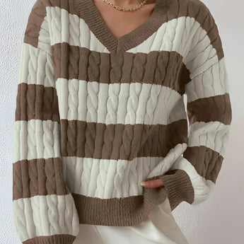 Striped cable knit women's sweater in brown beige, featuring puff sleeves and a crewneck design, shown in a khaki color and size XL.