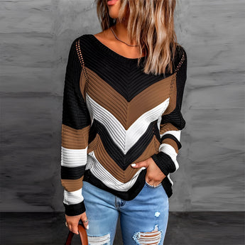 Black, white, and beige striped chevron V-neck knit sweater in a pullover style, featuring long sleeves and designed for a fashion-forward look in size 3XL.