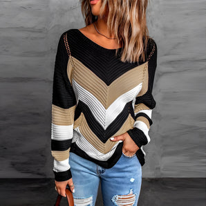 Striped Chevron V-Neck Knit Sweater in black, white, and beige with long sleeves, a v-neckline, and a pullover style. The sweater is displayed in a 3XL size, highlighting its casual and fashionable design.
