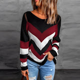 Striped chevron V-neck knit sweater in black, white, and beige, featuring long sleeves and a relaxed fit, displayed in style 3, size 3XL.