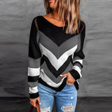 Striped chevron V-neck knit sweater in black, white, and beige, featuring long sleeves and a pullover style, displayed in a 3XL size.