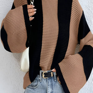 Striped Chunky Knit Sweater - Black & Beige Fall Fashion