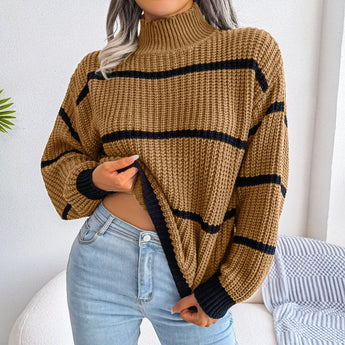 Tan and black striped chunky turtleneck sweater with long sleeves, designed for casual winter wear, styled on a mannequin showing shoulder and neck details.