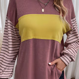 Striped color block long sleeve casual pullover sweater for women in style 3, size 2XL, featuring a combination of white and purple colors.