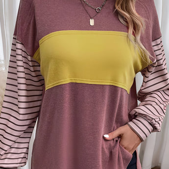 Striped color block long sleeve casual pullover sweater for women in style 3, size 2XL, featuring a combination of white and purple colors.