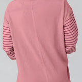 Striped color block long sleeve pullover sweater for women, featuring a casual design with a mix of vibrant horizontal stripes on the sleeves and body.