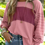 Striped color block long sleeve casual pullover sweater for women in style 2, size 2XL, featuring alternating pink and white stripes with a comfortable fit on the shoulders and waist.