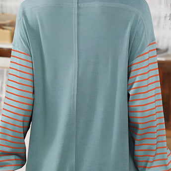 Striped color block long sleeve casual pullover sweater for women featuring a combination of white and blue sections, with a round neck and a comfortable fit.