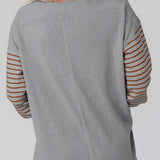 Striped color block long sleeve casual pullover sweater for women featuring a combination of white and other colors, with a relaxed fit, designed for casual wear.