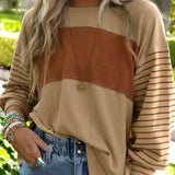 Striped color block long sleeve casual pullover sweater for women in Style 4, size 2XL, featuring a combination of colors and a cozy knitted texture.