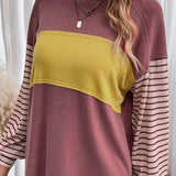 Striped color block long sleeve casual pullover sweater for women in shades of white, purple, and grey, featuring a round neck design.