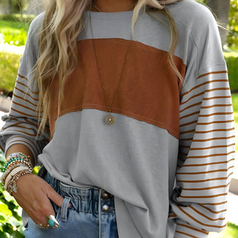 Striped color block long sleeve casual pullover sweater for women in style 1, size 2XL, featuring a mix of white and contrasting hues.