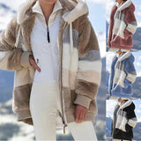 Striped fleece women's hooded sherpa jacket featuring a warm colorblock design with plush texture, visible shoulder and sleeve details, and a cozy neck area.