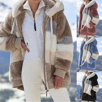Striped fleece women's hooded sherpa jacket featuring a warm colorblock design with plush texture, visible shoulder and sleeve details, and a cozy neck area.