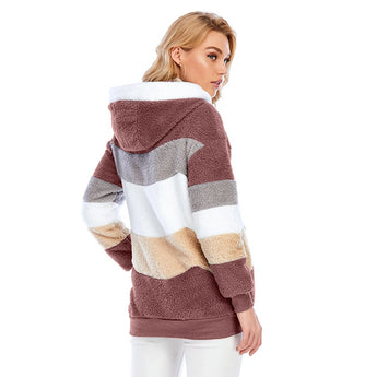 Red and white striped fleece women's hooded Sherpa jacket in size 3XL, featuring a warm colorblock plush design with long sleeves, a cozy collar, and a comfortable fit.