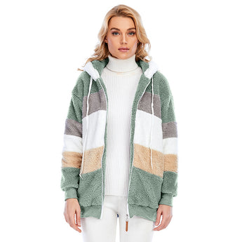 Striped fleece women's hooded sherpa jacket in green, size 3XL, featuring a warm colorblock plush design with long sleeves, a cozy collar, and a fashionable fit.