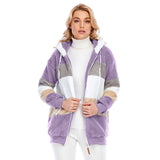 Woman wearing a purple, 3XL, striped fleece hooded sherpa jacket with colorblock plush design, showing the outerwear's soft and warm texture.