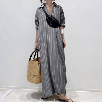 Striped maxi shirt dress in gray, featuring long sleeves and a lightweight design, suitable for beachwear, displayed in a 3XL size.
