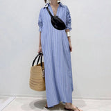 Striped maxi shirt dress in heavenly blue, featuring long sleeves and a lightweight design suitable for beachwear; shown in a 3XL size.