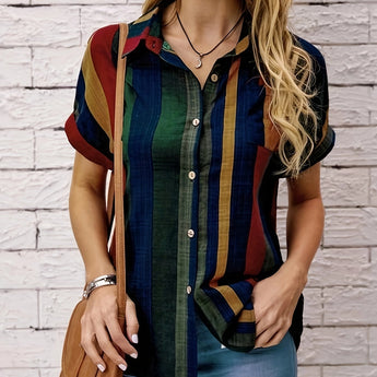 Women's multicolor striped button-up blouse with collar and long sleeves, featuring a casual chic summer fashion style.