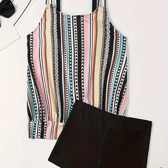 Women's striped tankini top with adjustable straps, perfect for summer beachwear.