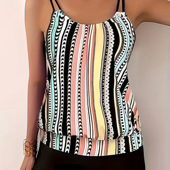 Women's striped tankini top with adjustable straps in white, green, and black, size XL, fashionable summer beachwear.