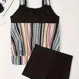Women's striped tankini top with adjustable straps hanging on a clothes hanger.