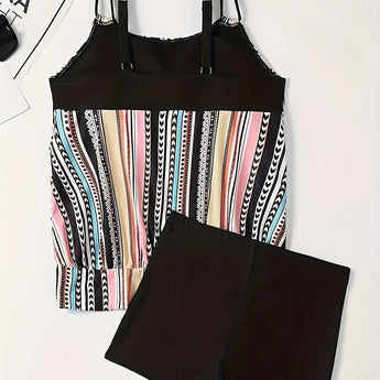 Women's striped tankini top with adjustable straps hanging on a clothes hanger.