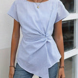 Blue and white striped twist-front blouse with long sleeves, featuring a casual chic design.