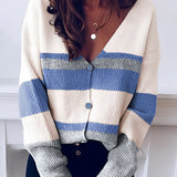 Striped V-Neck Button-Front Two-Tone Women's Cardigan Sweater in Style 3, XL size, featuring a combination of black and white stripes with a touch of azure blue, showcasing a fashionable and stylish design suitable for outerwear.