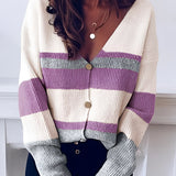 Striped V-neck button-front two-tone women's cardigan sweater in white and purple, displayed on a mannequin with emphasis on the shoulder and neckline details, suitable for casual fashion.