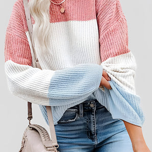 Striped color block sweater in pink, size 3XL, worn by a model paired with jeans.
