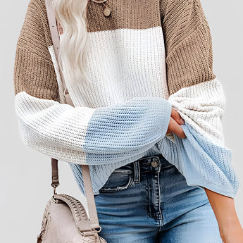 Striped khaki color block sweater for women, featuring a fall fashion design in a knitwear top style, shown in size 3XL. The sweater is paired with jeans, highlighting the shoulder and arm details.